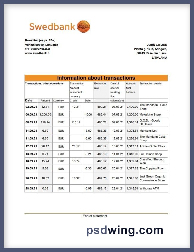 Lithuania Swedbank Bank Statement (Excel)